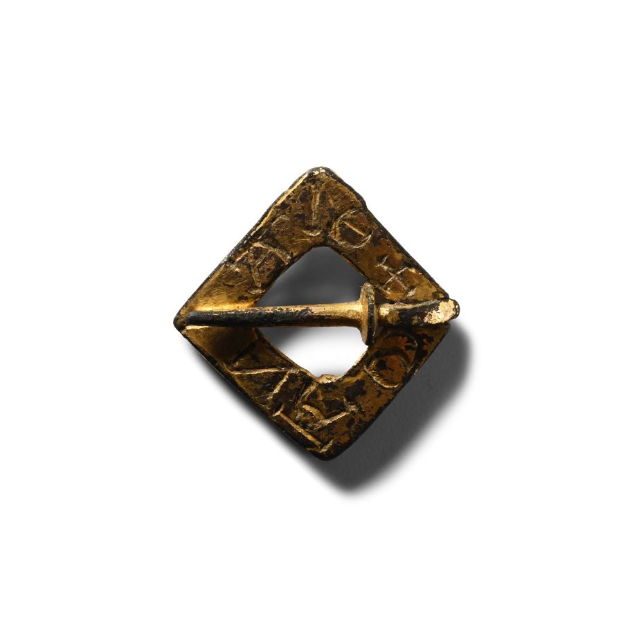 Medieval Gilt Bronze Lozenge-Shaped Ring Brooch with Inscription Verso