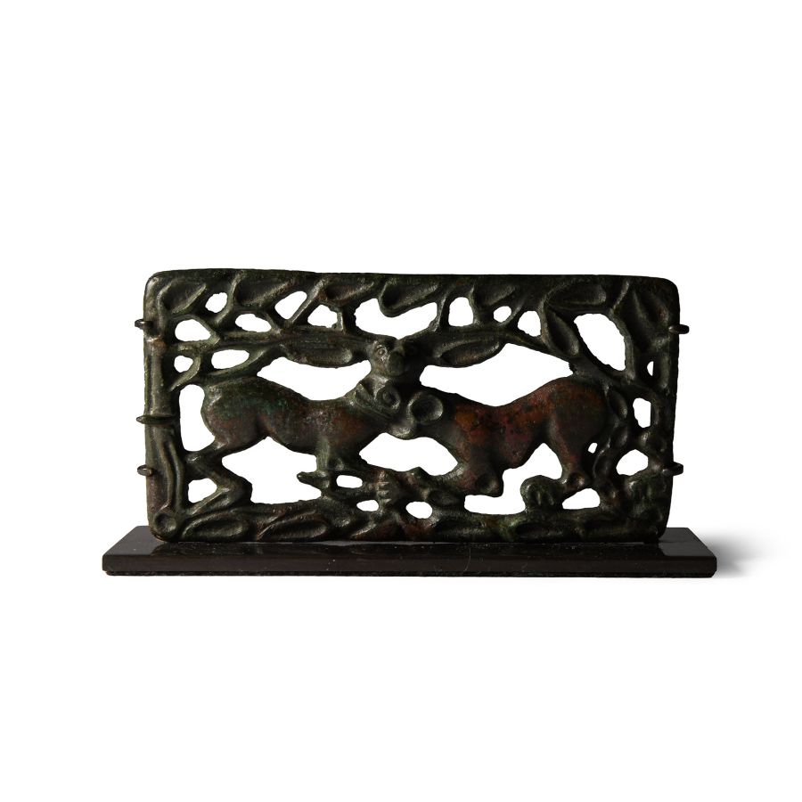 Ordos Bronze Belt Buckle with Lion Attacking a Doe