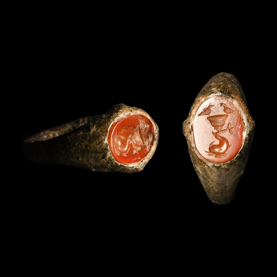 Roman Bronze Ring with Birds and Dolphin Gemstone