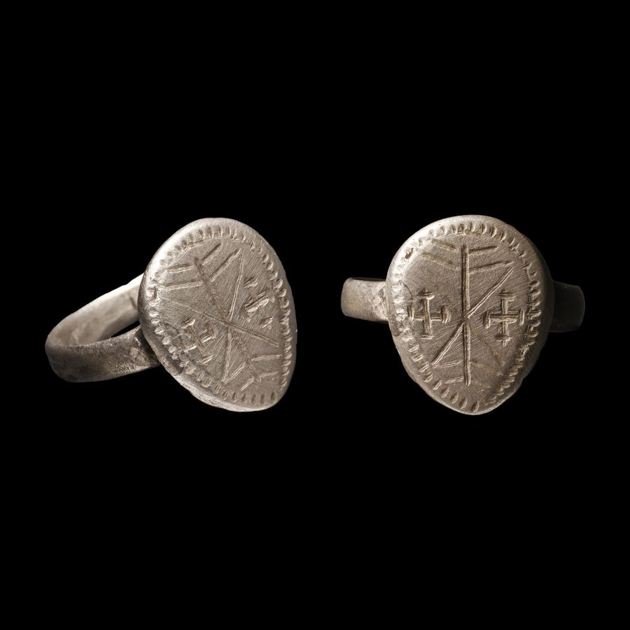 Medieval Silver Shield-Shaped Ring with Crosses