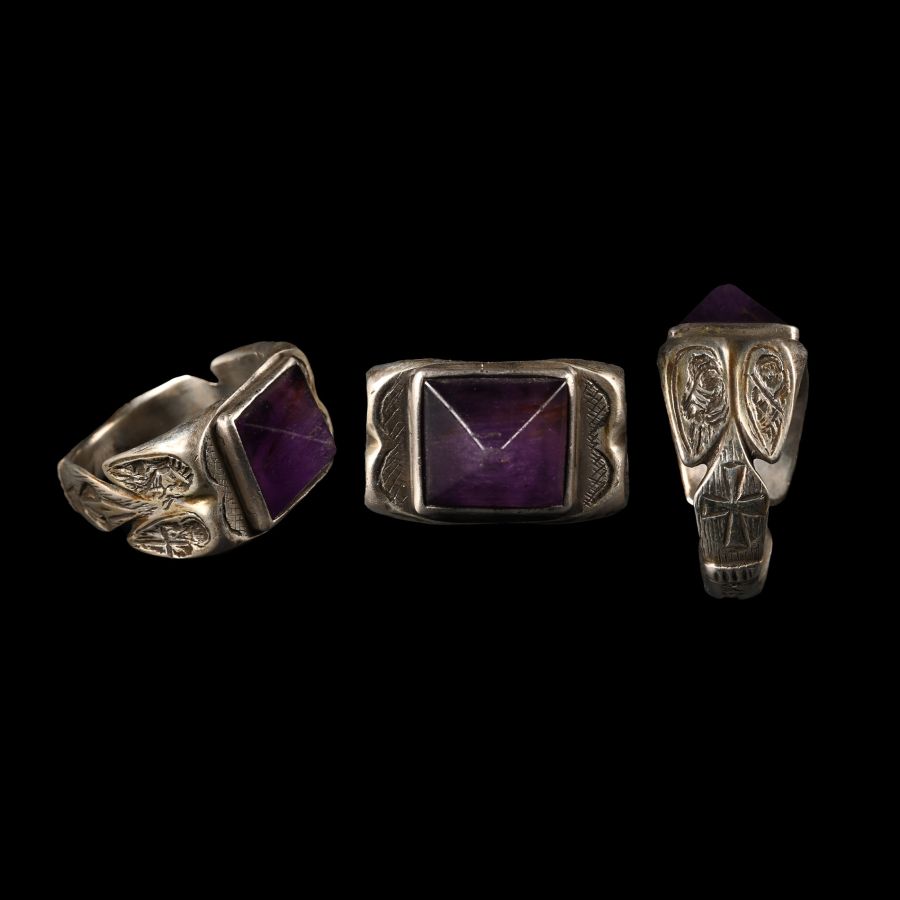 French Silver 'For My Life' Iconographic Ring with Amethyst Gemstone