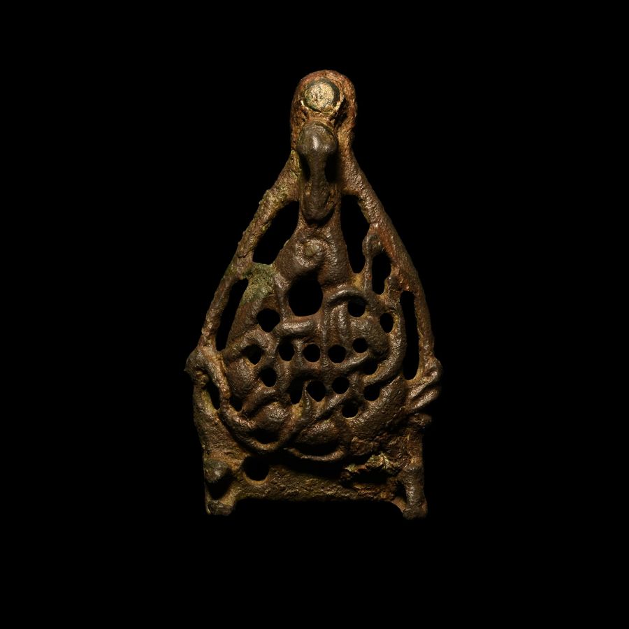 Anglo-Scandinavian Viking Bronze Three-Dimensional Urnes Stirrup Apex Mount