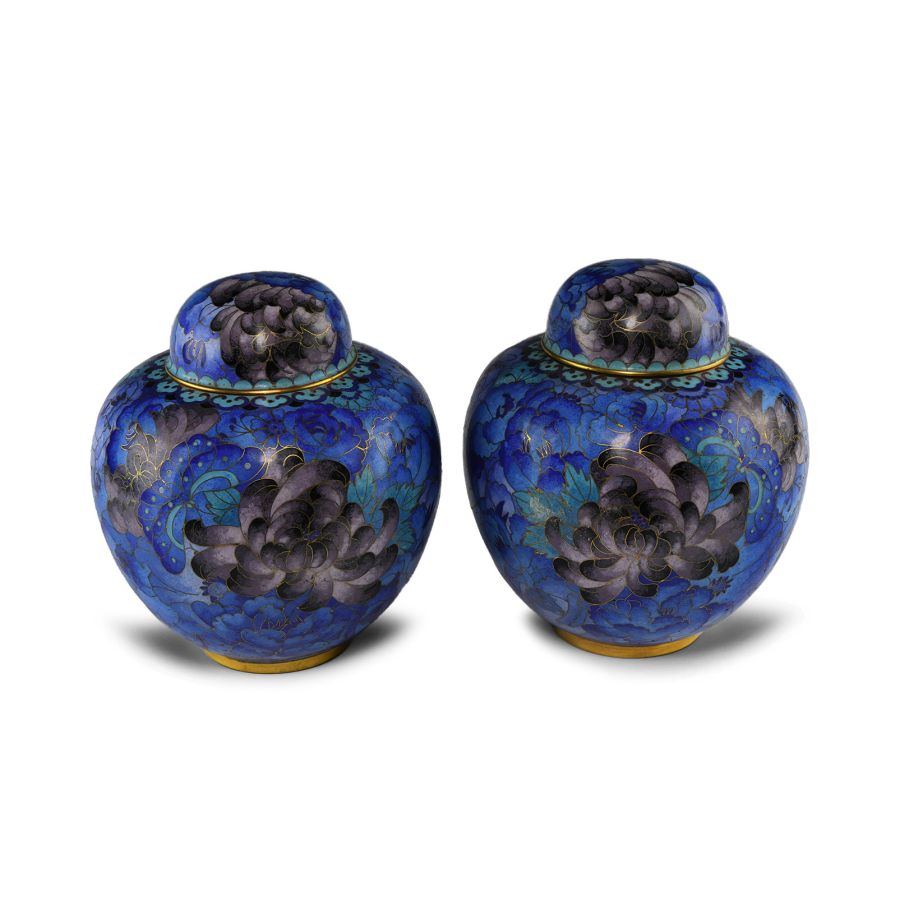 Chinese Turquoise Cloisonne Lidded Vessel Pair