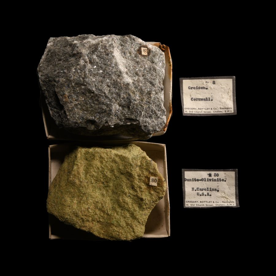 Natural History - Historic Boxed Greisen Mineral Sample From Cornwall and Dunite-Olivinite From North Carolina