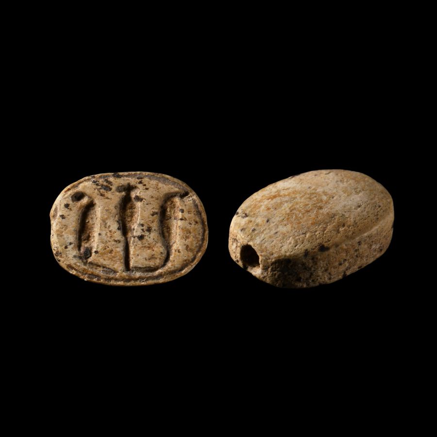 Egyptian Steatite Scaraboid Amulet with Royal Uraei and Vessel