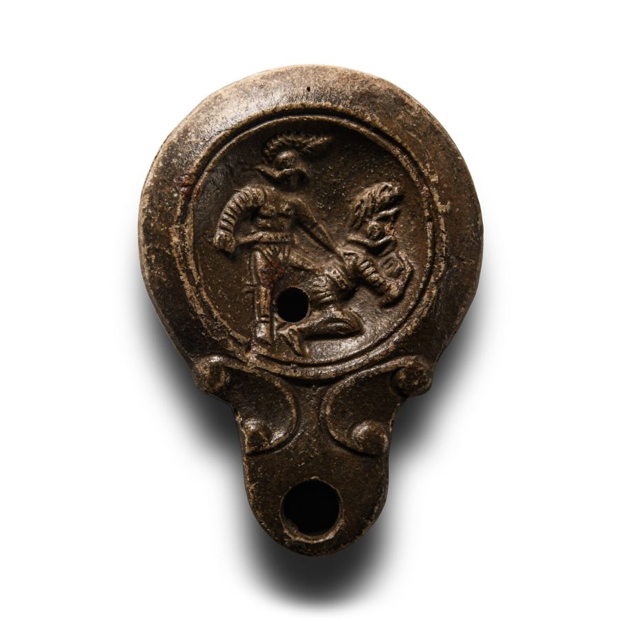 Roman 'Published' Terracotta Oil Lamp with Fighting Gladiators
