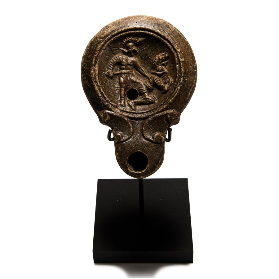 Roman 'Published' Terracotta Oil Lamp with Fighting Gladiators