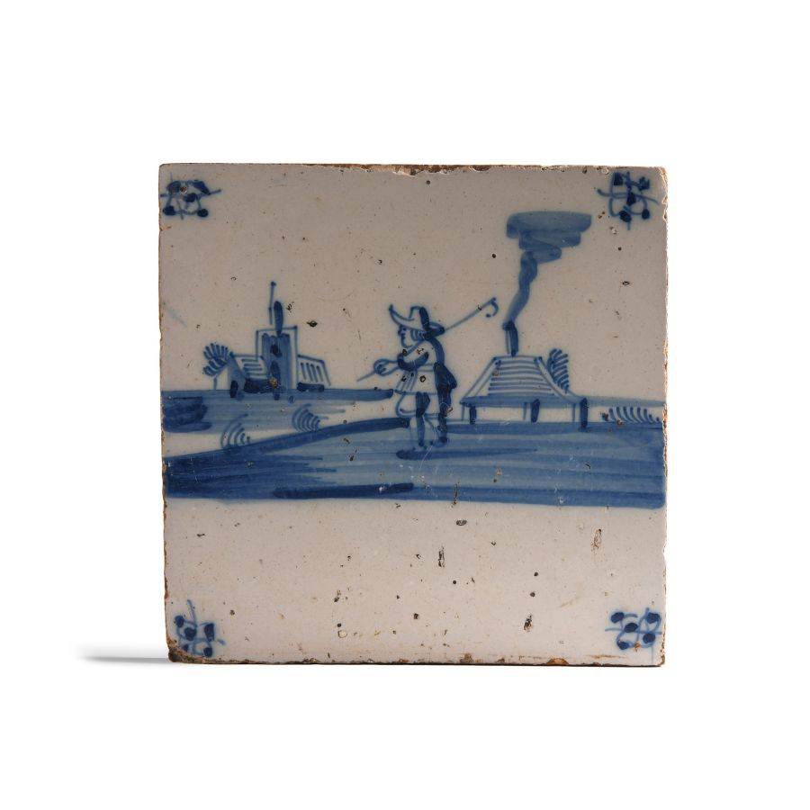Dutch Glazed Ceramic Tile with Golf Scene