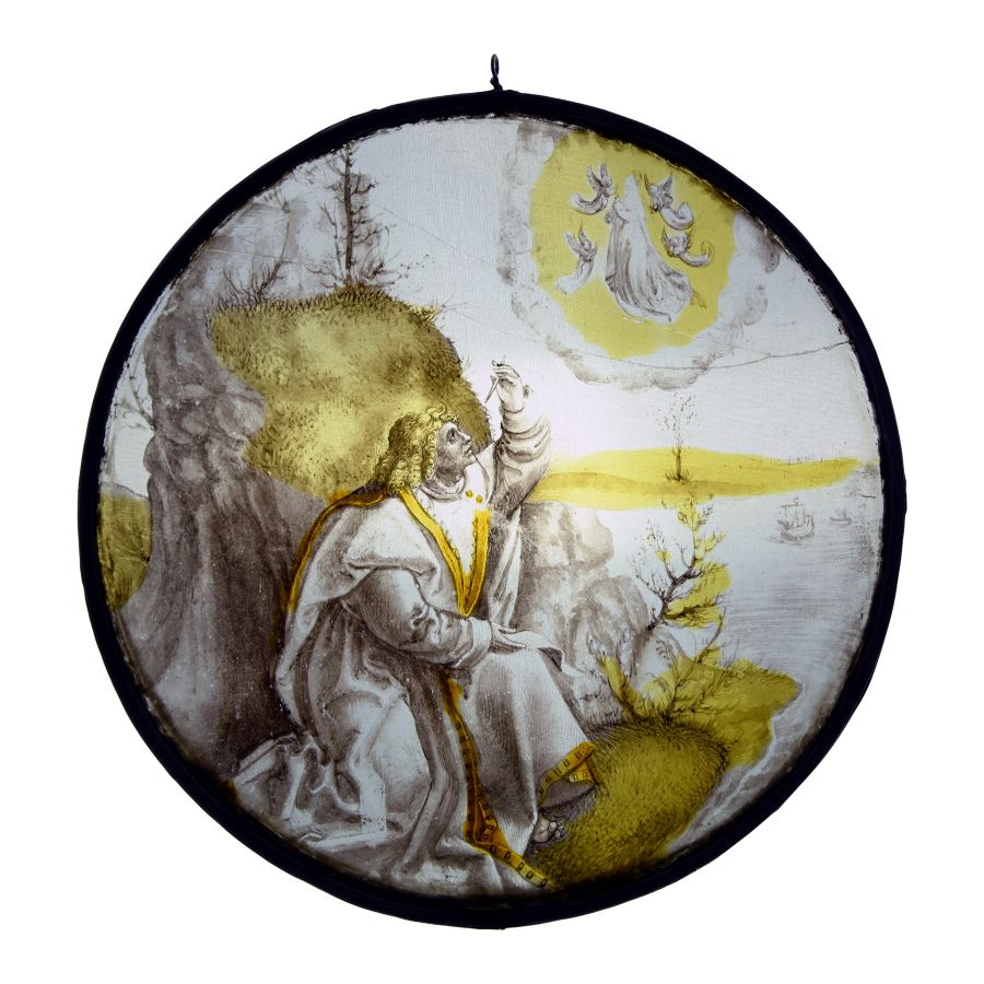 Medieval Stained Glass Panel with Saint John on Patmos