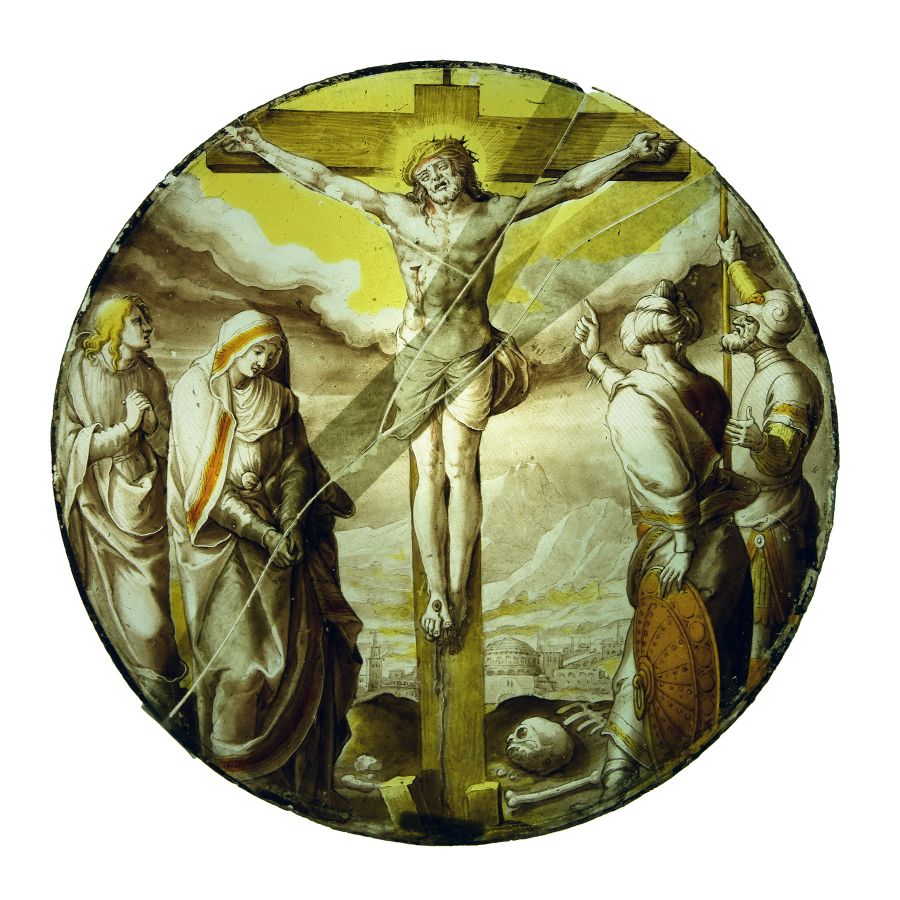 Medieval Stained Glass Panel with Crucifixion Scene