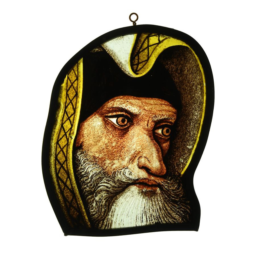 Medieval Stained Glass with Head of a Bearded Man