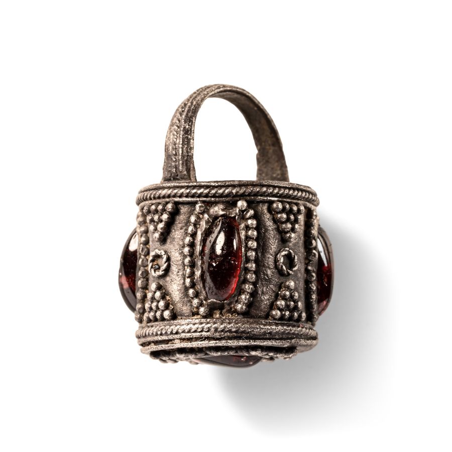 Pre Viking Scandinavian Silver Aroma Bucket Pendant with garnets
