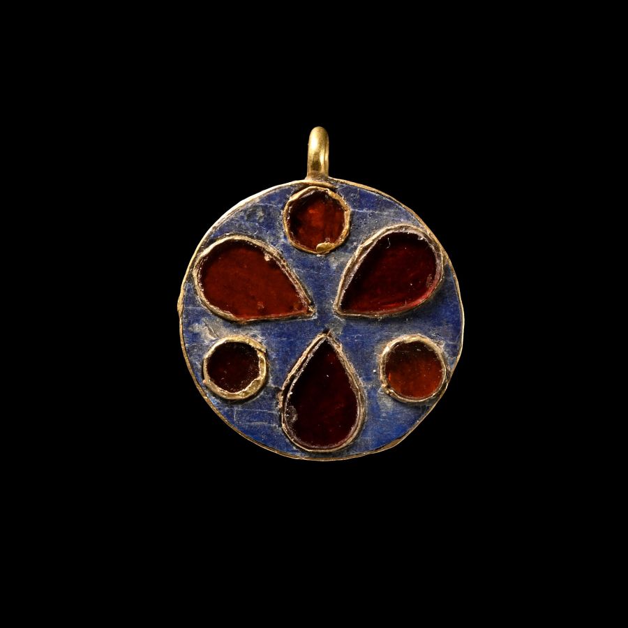 Western Asiatic Enamelled Gold Pendant with Inlaid Garnet
