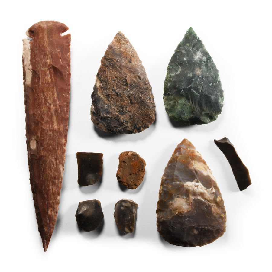 Stone Age Flint Scrapers with Reproduction Axes and Spearheads