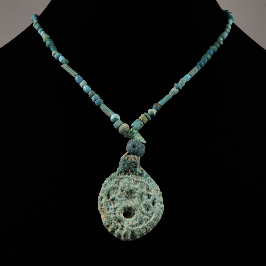 Achaemenid Blue Glass Bead Necklace with Faience Pendant