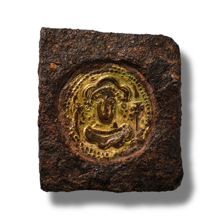 Merovingian Frankish Gilt Bronze Face in Iron Die