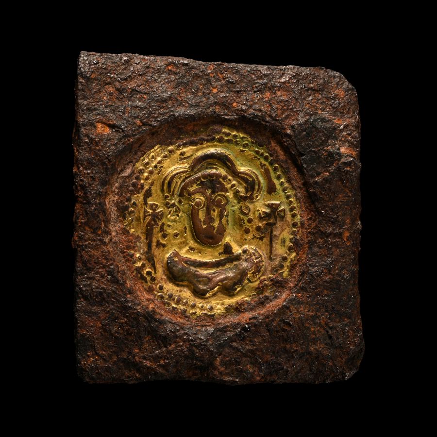 Merovingian Frankish Gilt Bronze Face in Iron Die