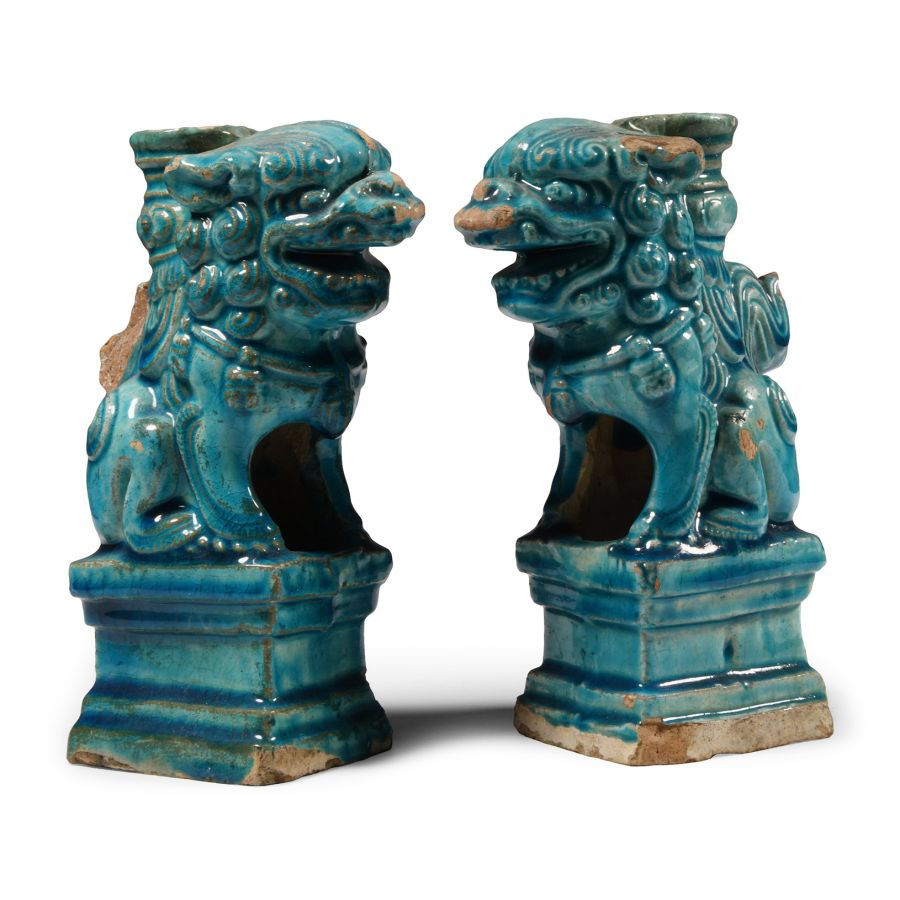 Chinese Ming Glazed Lion Candlestick Pair