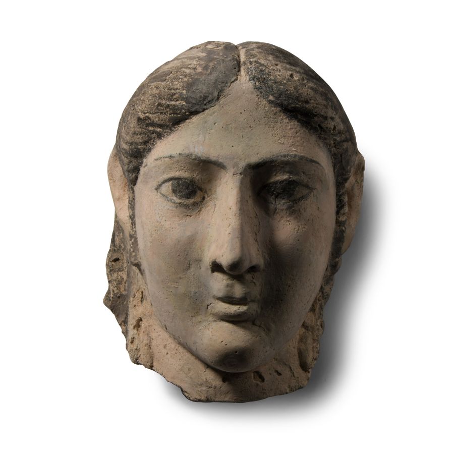 Egyptian Painted Plaster Mummy Mask of a Lady
