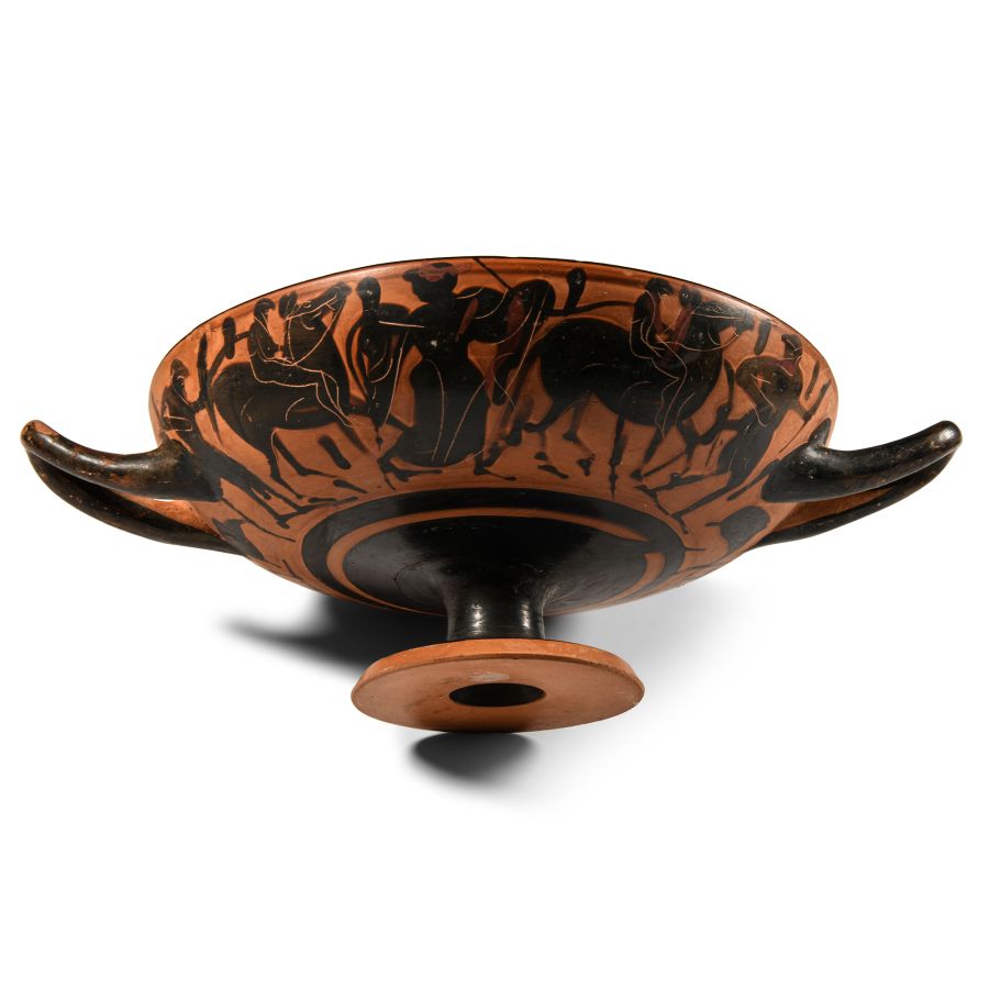 Attic Black Figure Kylix with Processional Scenes of Satyrs and Maenads and Pegasus