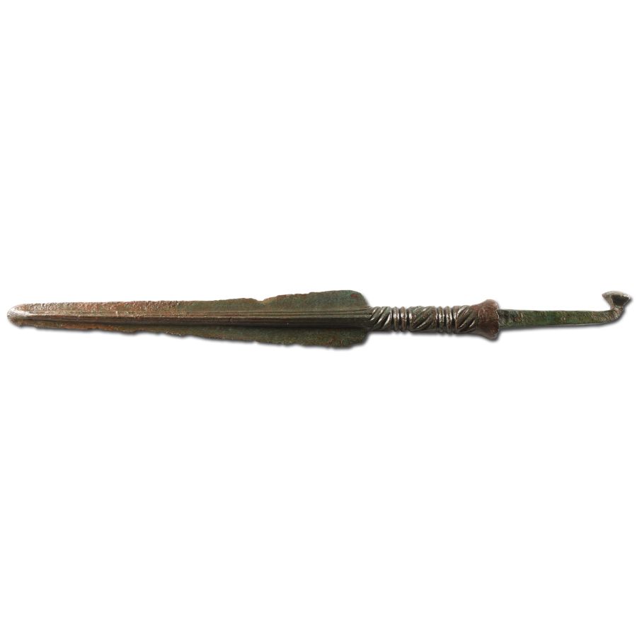Western Asiatic Bronze Spearhead with Decorative Supports and Blood Channels