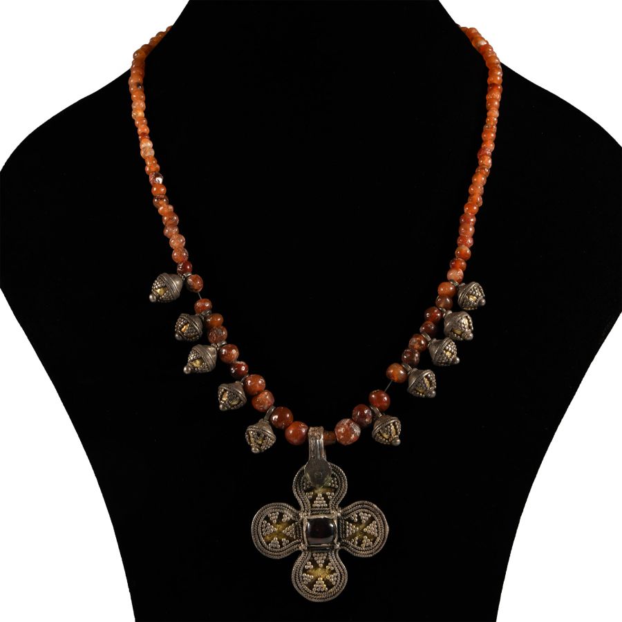 Slavic Silver and Carnelian Bead Necklace with Silver Cross Pendant