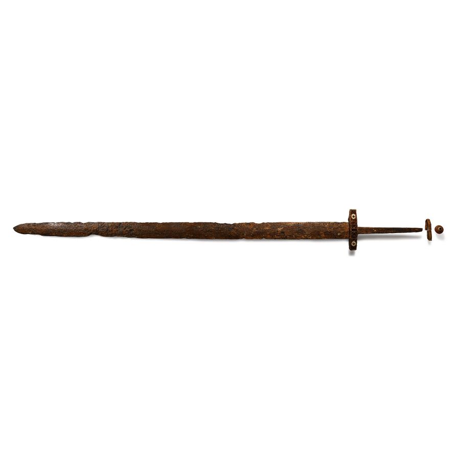 Migration Period Iron Sword with Garnet and Shell Cross Guard with Gold and Amber Sword Bead