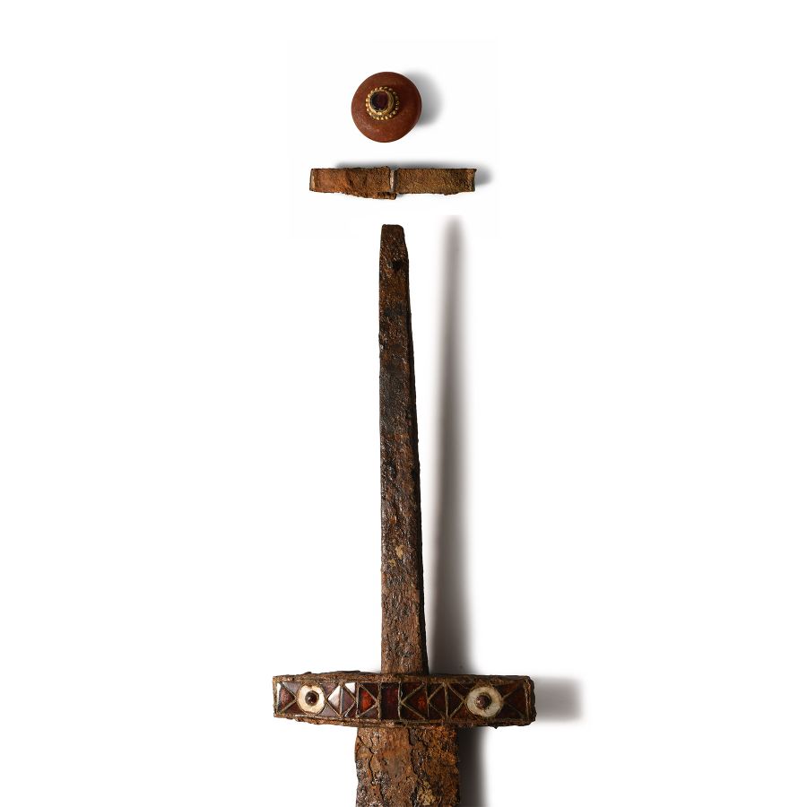 Migration Period Iron Sword with Garnet and Shell Cross Guard with Gold and Amber Sword Bead