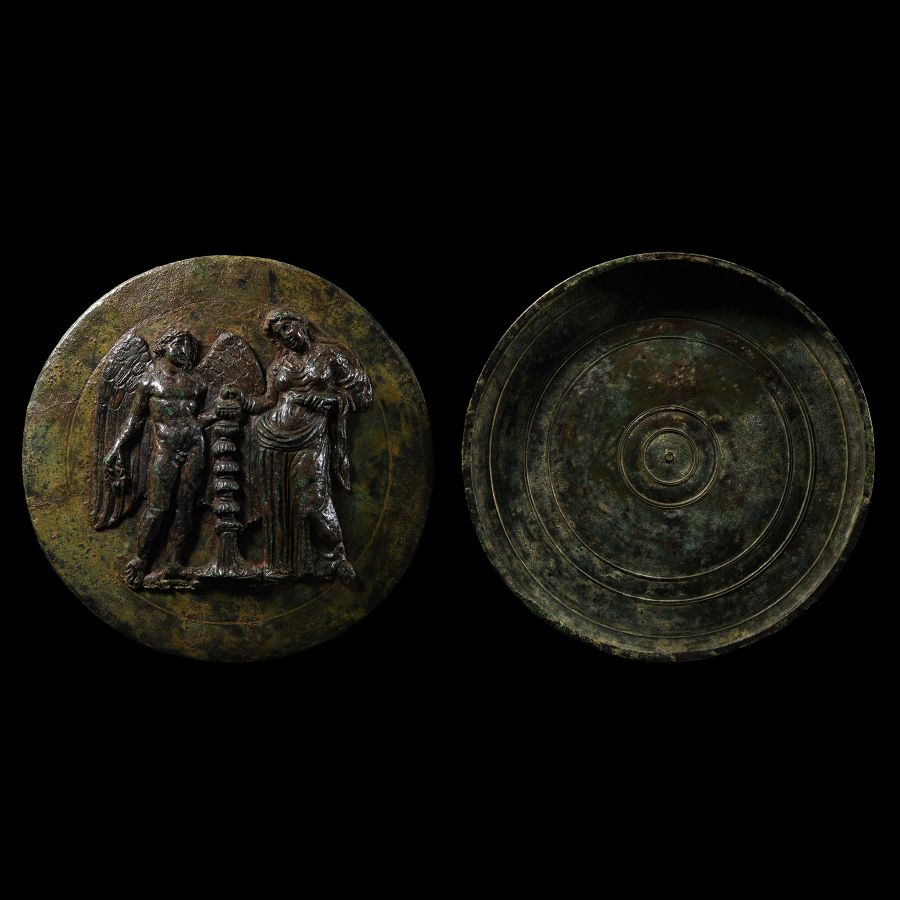 Greek Bronze Mirror with Eros and Aphrodite