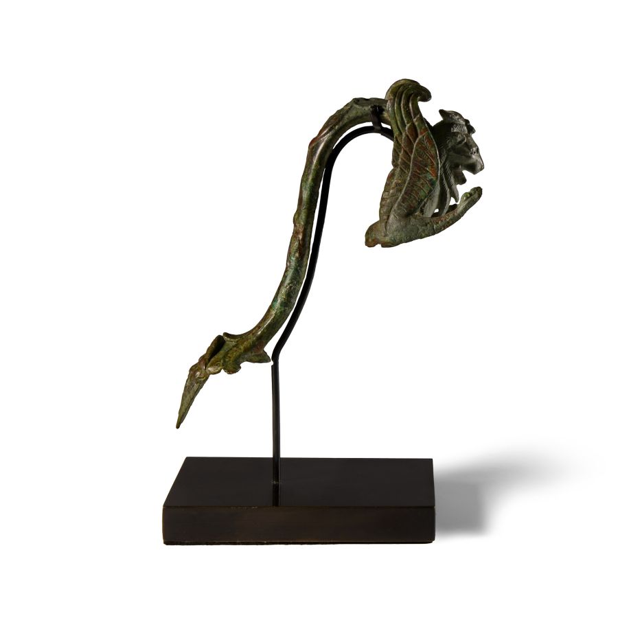 Roman Bronze Handle with Winged Lion and Mask