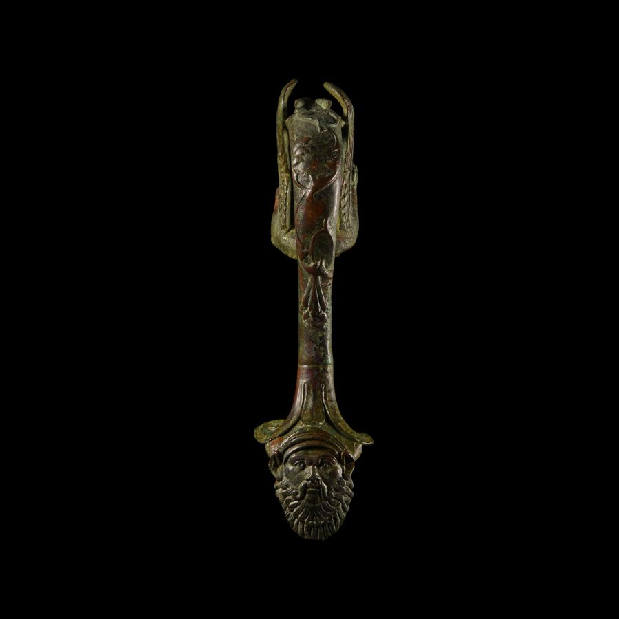 Roman Bronze Handle with Winged Lion and Mask