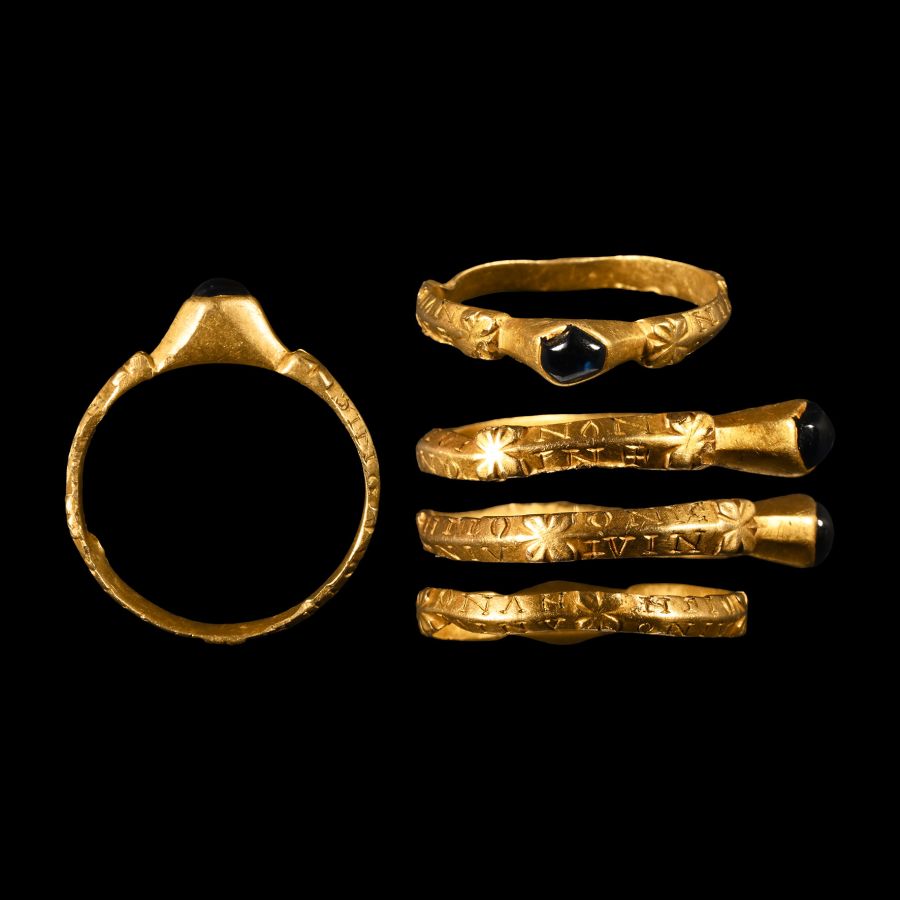 'The Drayton' Medieval Gold Stirrup-Shaped Bishop's Ring with Sapphire and Magical Inscription