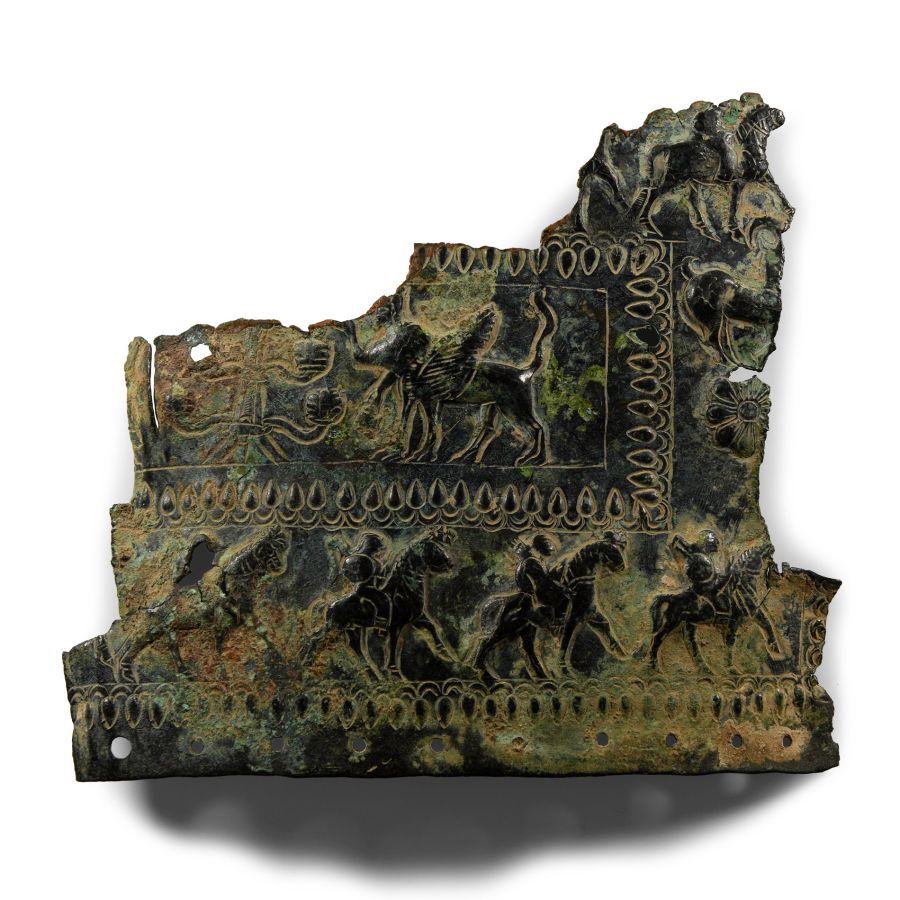 Urartu Bronze Repoussé Fragment with Advancing Warriors on Horseback