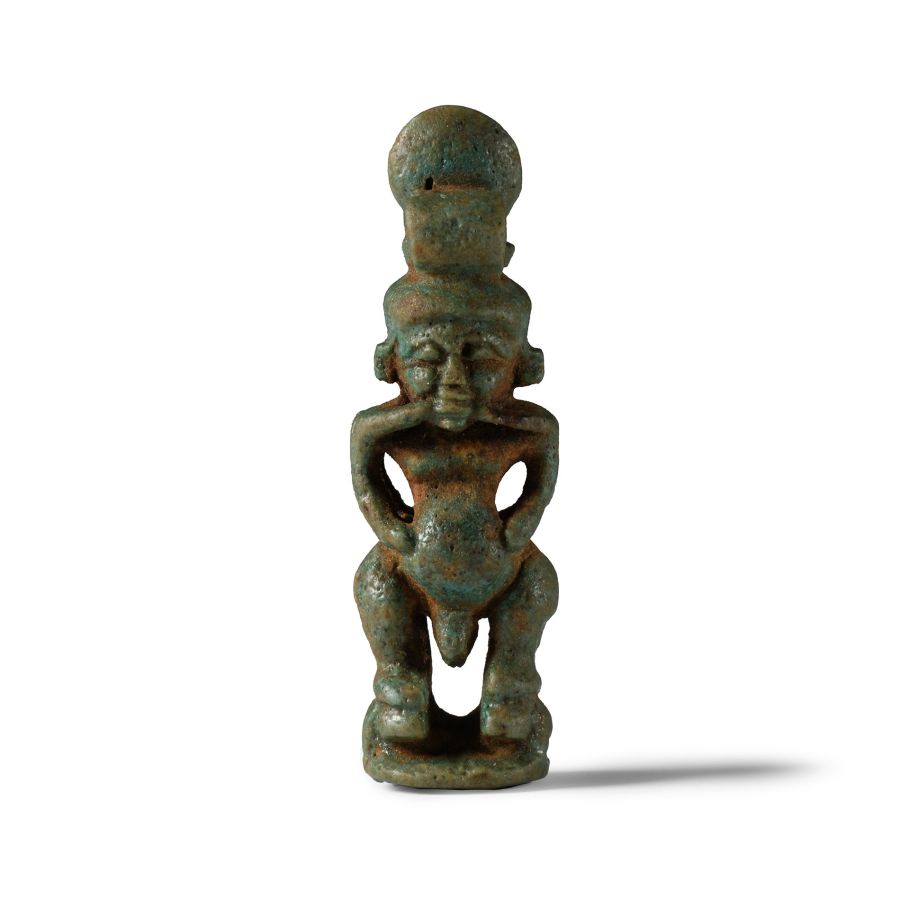 Egyptian Janiform Pataikos and Ra-Horakhty Faience Amulet