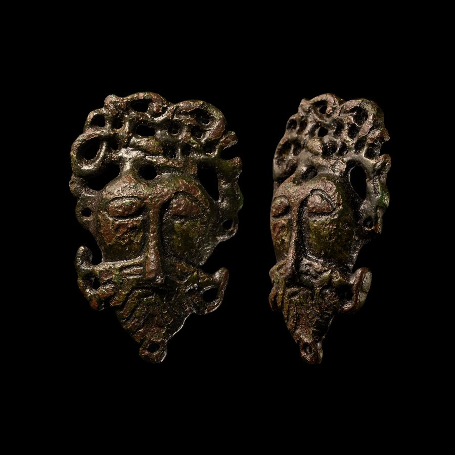'The Ferryhill' Anglo-Scandinavian Viking Bronze Three-Dimensional Urnes Stirrup-Type Mount with Head of Odin