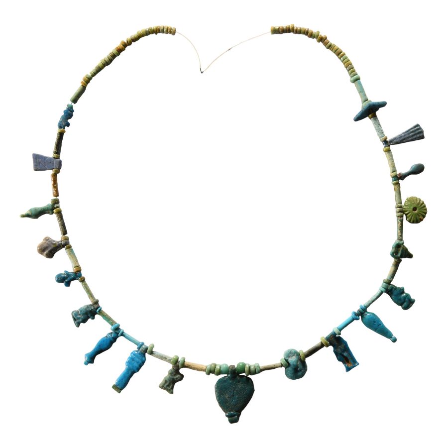Egyptian Faience Bead Necklace String with Amulets