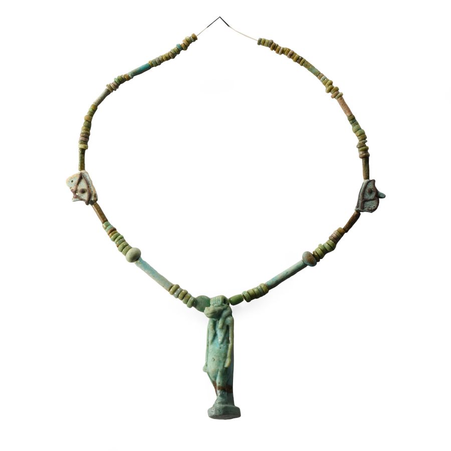 Egyptian Faience Bead Necklace String with Taweret Amulet