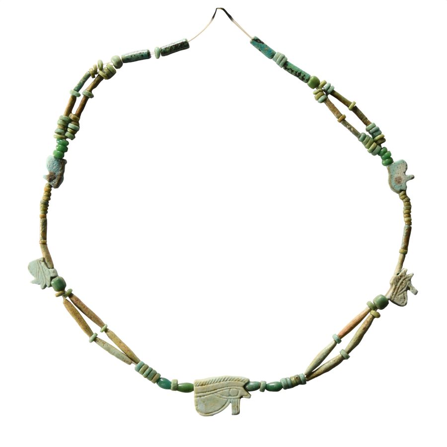 Egyptian Faience Bead Necklace String with Wedjat Eyes