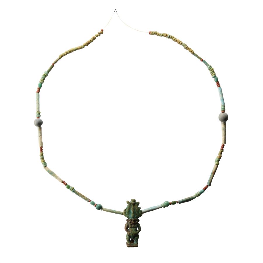 Egyptian Faience Bead Necklace String with Large Bes Amulet
