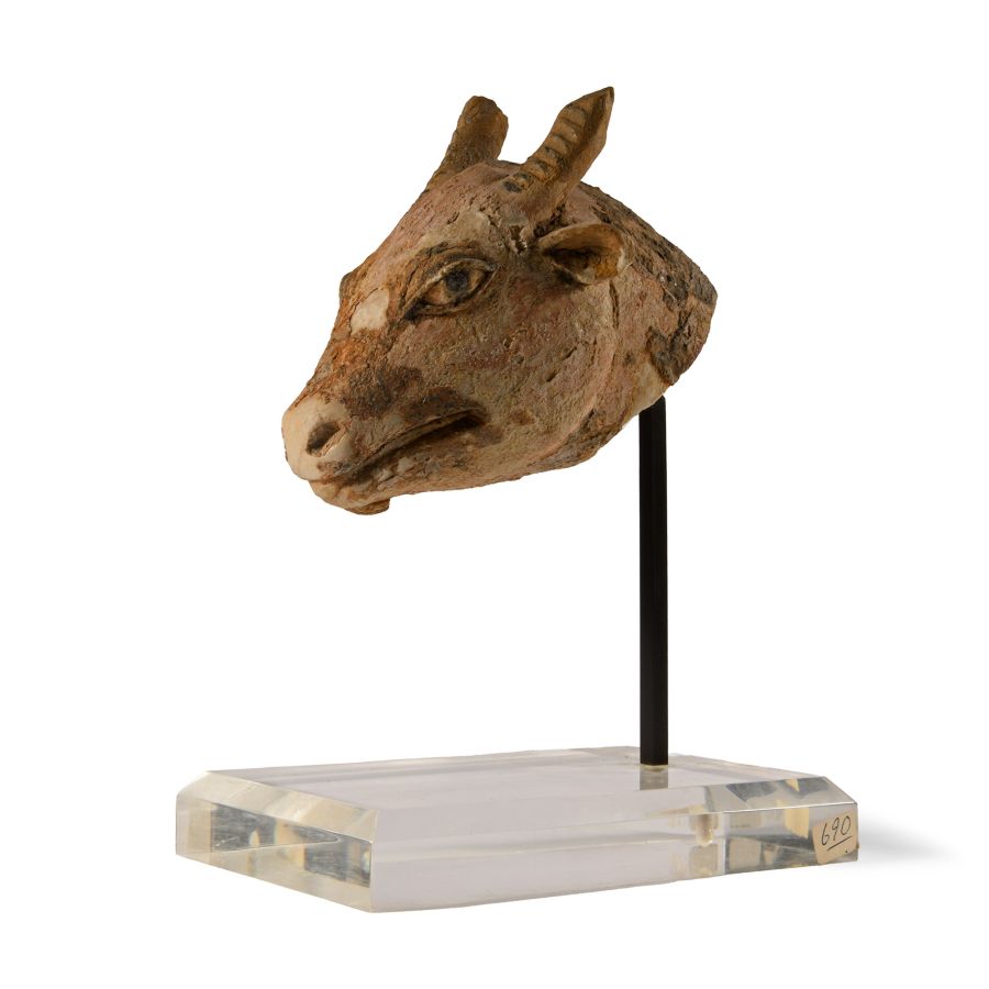 Western Asiatic Marble Ibex Head with Painted Eyes and Remains of Original Pigment