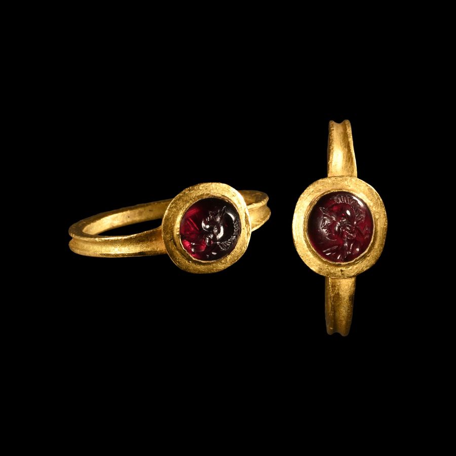 Roman Gold Ring with Head of Roma Garnet Gemstone