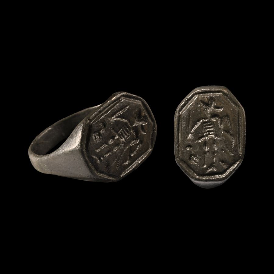 Medieval Bronze Ring with Warrior Holding Sword