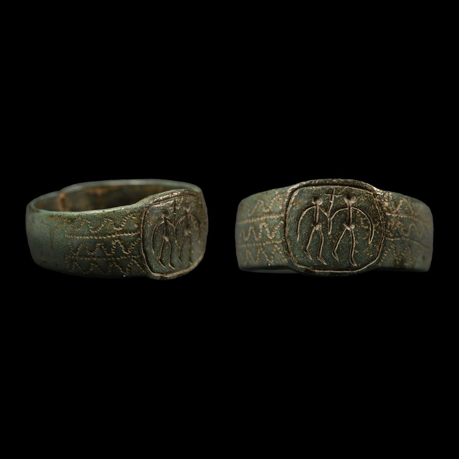 Dark Age Bronze Ring with Two Figures and Cross