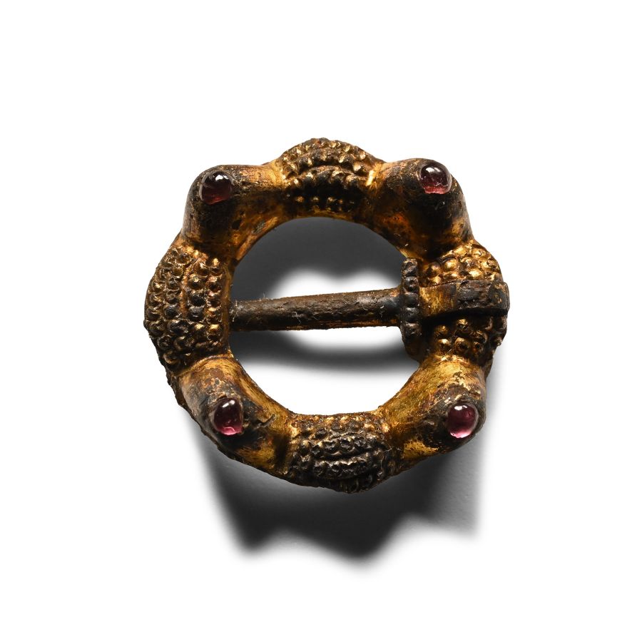 Medieval Gilt Bronze Turretted Ring Brooch with Amethyst Gemstones