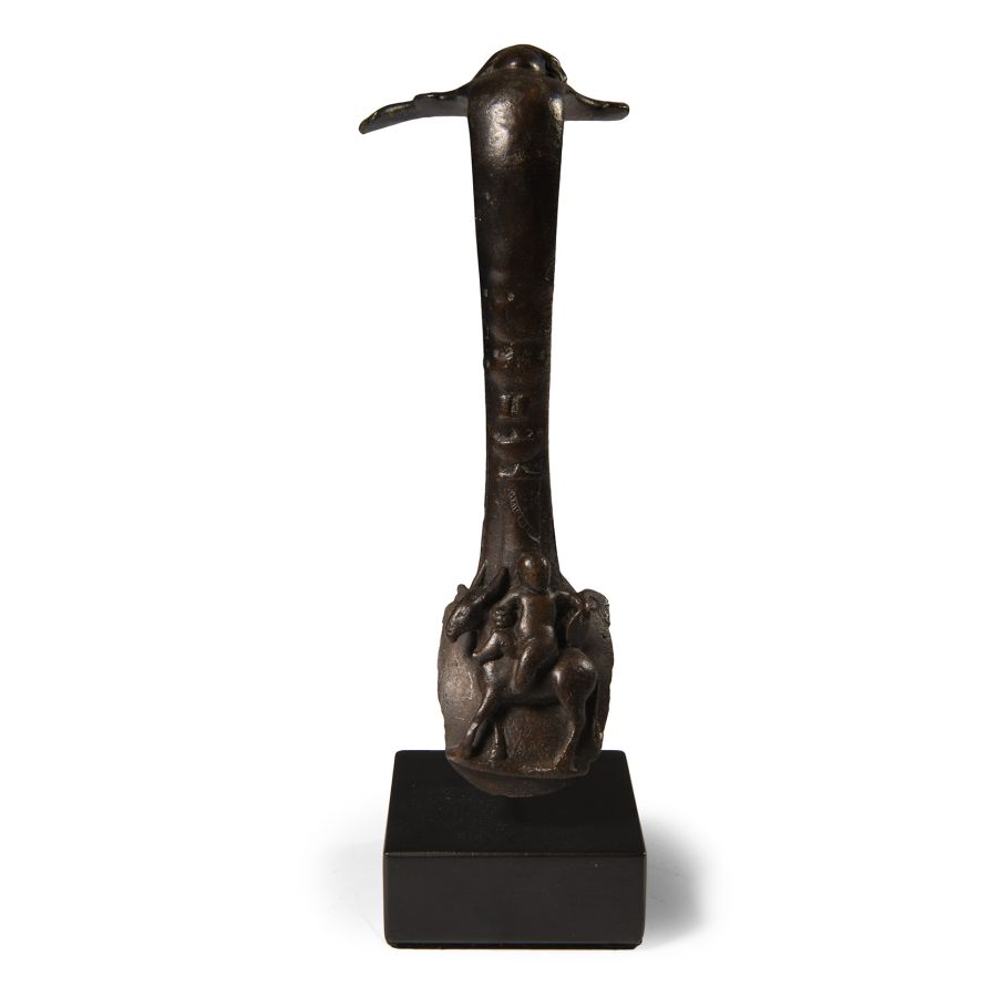 Roman Bronze Tankard Handle with Drunken Putto on Donkey