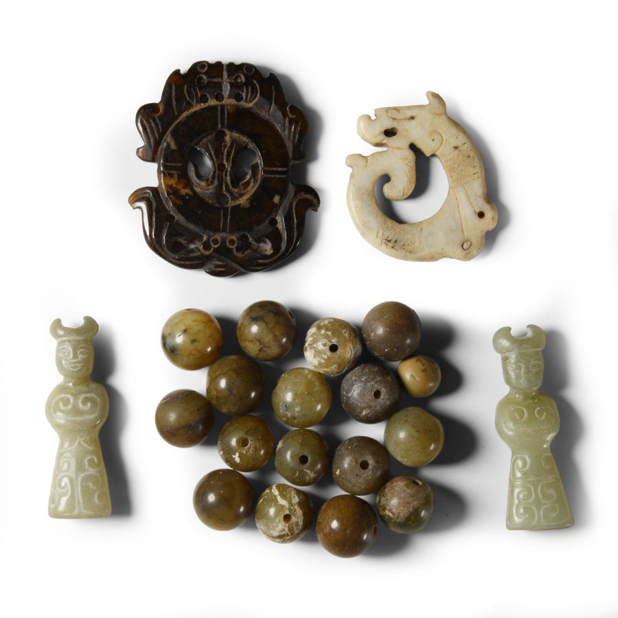 Chinese Green Stone Bead and Pendant Group