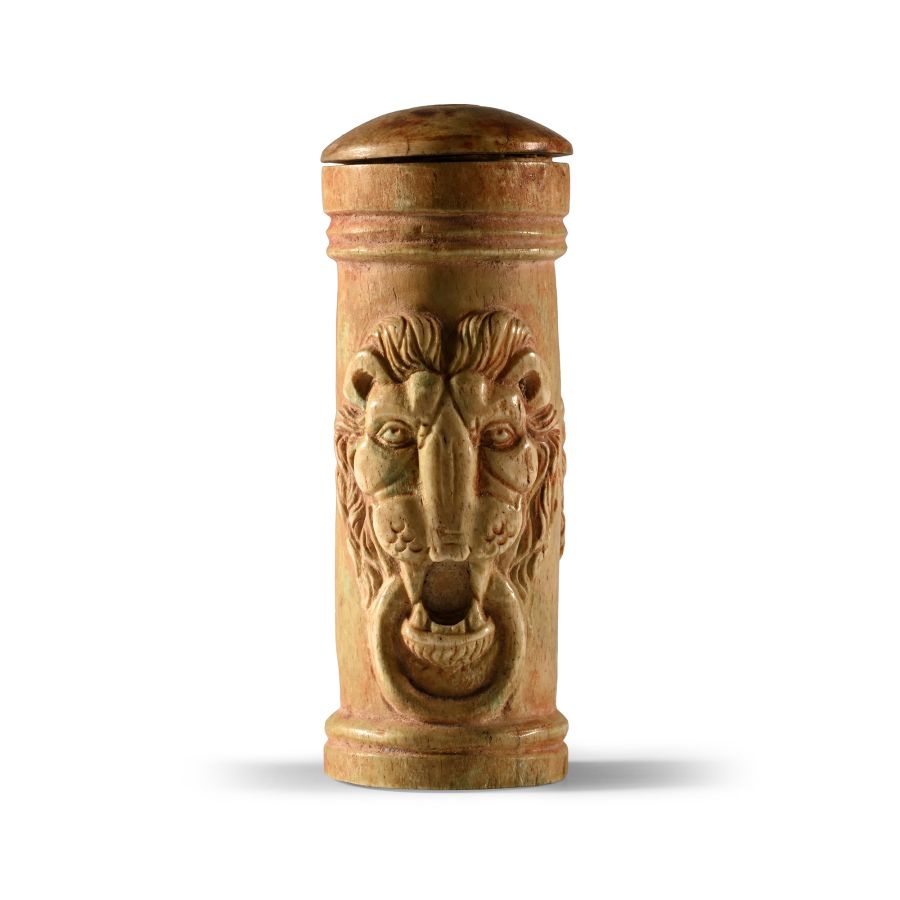 Roman Bone Pyxis with Lion Heads