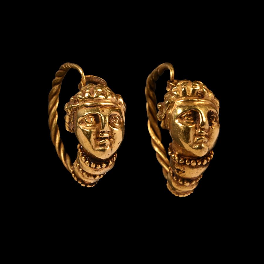 Greek Gold Earrings with Female Heads