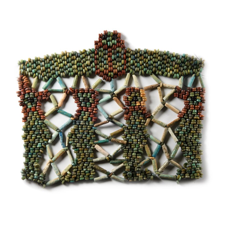 Large Egyptian Bead Panel with Four Sons of Horus and Winged Scarab