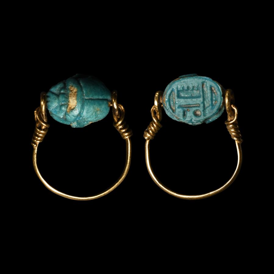Egyptian Bright Blue Faience Scarab in Gold Ring